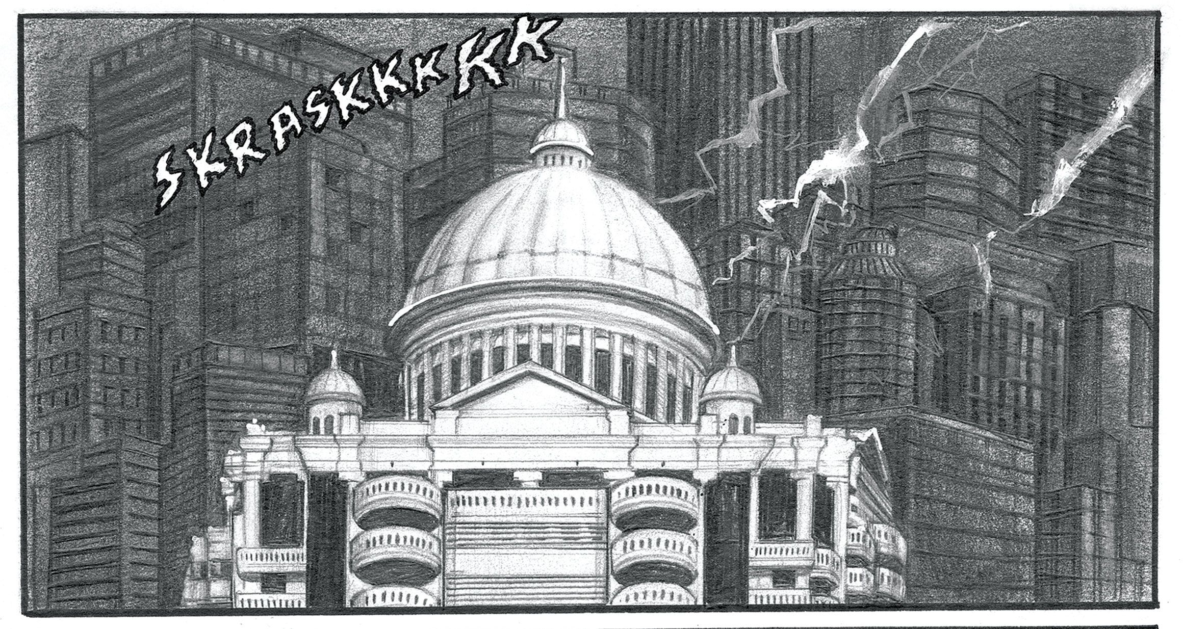 A single monochromatic comic panel depicts a tower with classical design elements, including a dome, colonnades, arches and curved verandas. Lightning strikes around the building, accompanied by the onomatopoeia ‘SKRASKKKKK’ in spiky lettering.