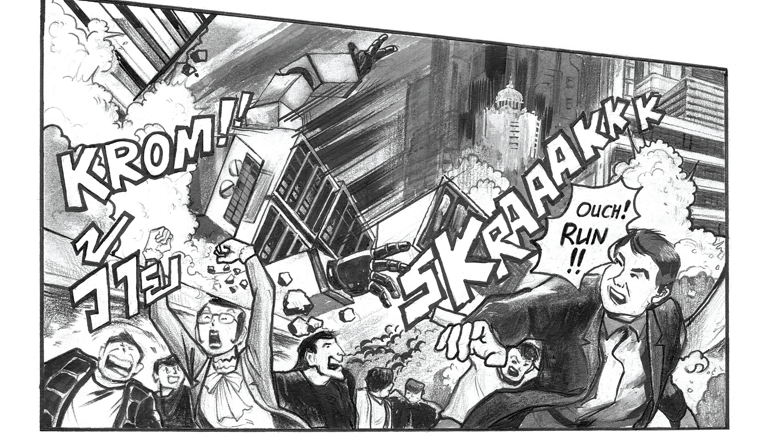 An individual monochromatic comic panel depicting crowds of people fleeing a fight scene between two huge buildings, reminiscent of a Godzilla-type battle. Behind the crowds, the Robot Building is depicted as falling, surrounded by dust clouds. The panel is accompanied by onomatopoeia ‘KROM!!’ and ‘SKRAAAKKK’. A speech bubble contains the exclamation ‘OUCH! RUN!!’.