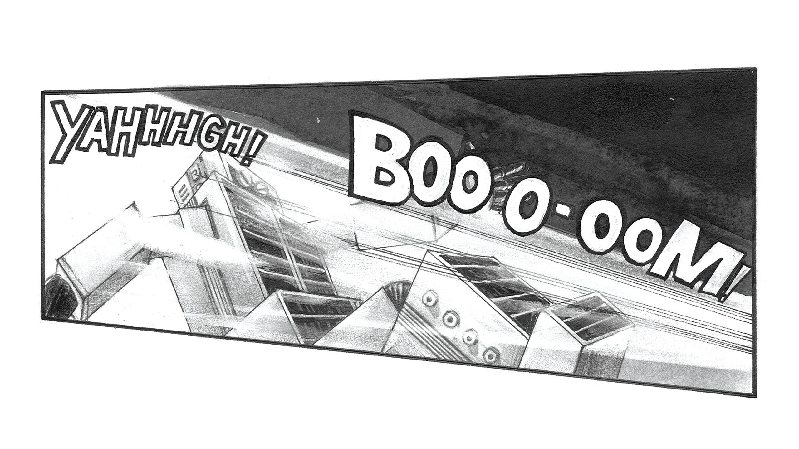 An individual monochromatic comic panel depicting an anthropomorphised Robot Building being knocked over by an energy beam. The sound effect ‘BOO O-OOM!’ accompanies the beam. The Robot Building exclaims ‘YAHHHGH!’ as it falls.