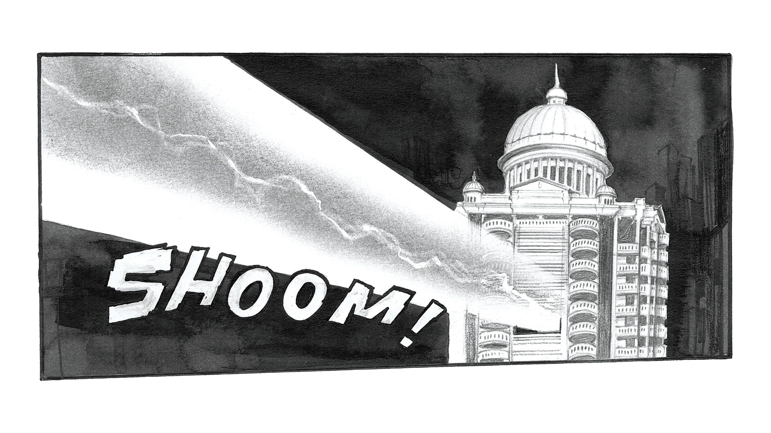 An individual monochromatic comic panel depicts a tower with classical design elements, including a dome, colonnades, arches, and curved verandas. A beam emanates from the tower, accompanied by the onomatopoeia ‘SHOOM!’