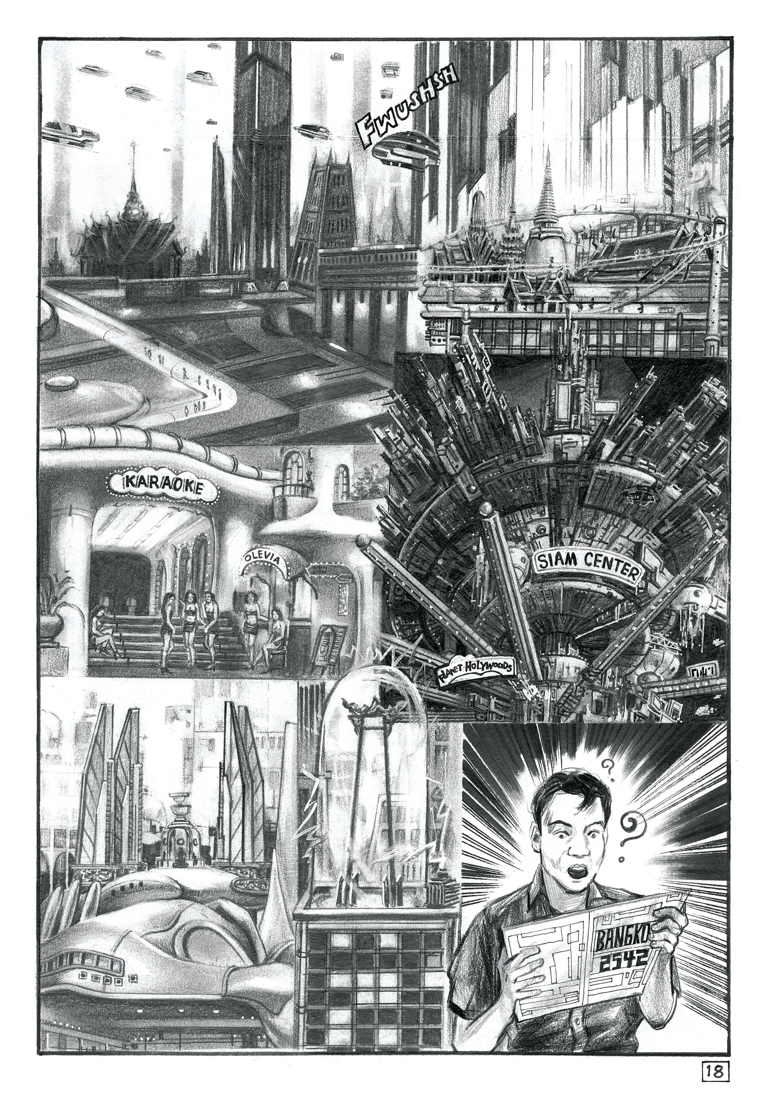 An illustrated monochromatic comic page depicts a futuristic Bangkok cityscape. The scene blends familiar landmarks reimagined in a futuristic setting with advanced architectural features and flying vehicles. The spread includes a group of six women congregated outside a karaoke bar, a megalithic building called the ‘SIAM CENTER’ with a ‘Planet Hollywoods’ sign affixed to its lower reaches, and a man reading a publication titled ‘Bangkok 2542’ with an expression of surprise, surrounded by question marks.