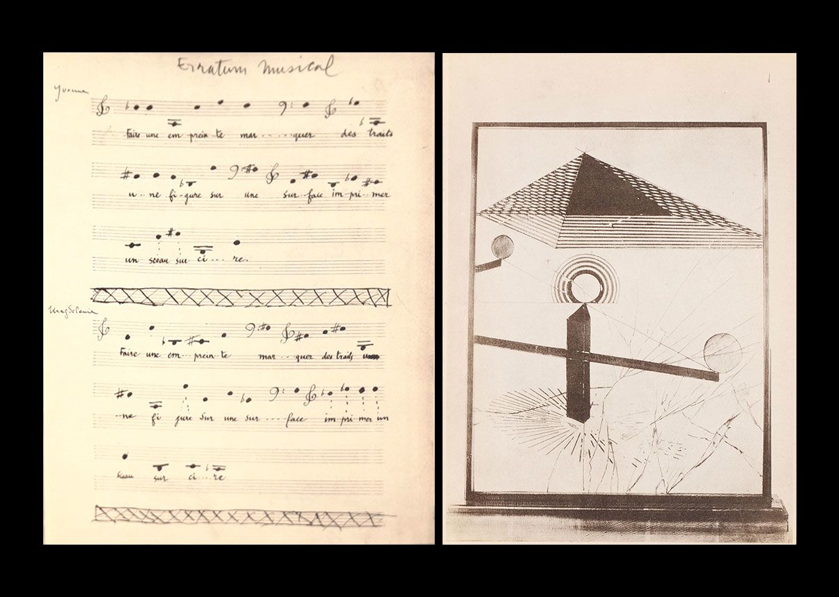 Two sheets: on the left, music staves with French lyrics written beneath the notes, titled ‘Erratum Musical’; on the right, abstract geometric shapes rendered in a precise three-dimensional style.