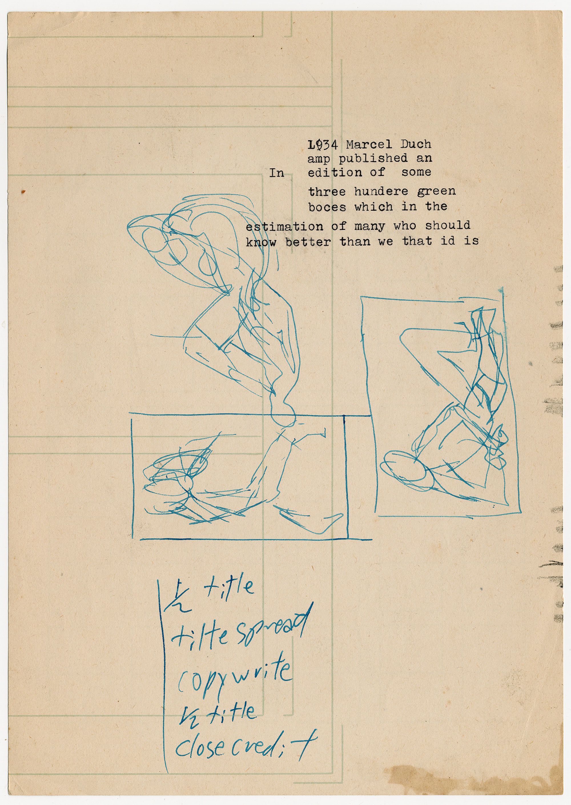 A sheet of paper with three loosely sketched human-like figures, rough handwritten text reading ‘1/2 title tilte [sic] spread copyright 1/2 title close credit’, and typed text describing a 1938 publication of ‘three hundred green boxes’ with typos.