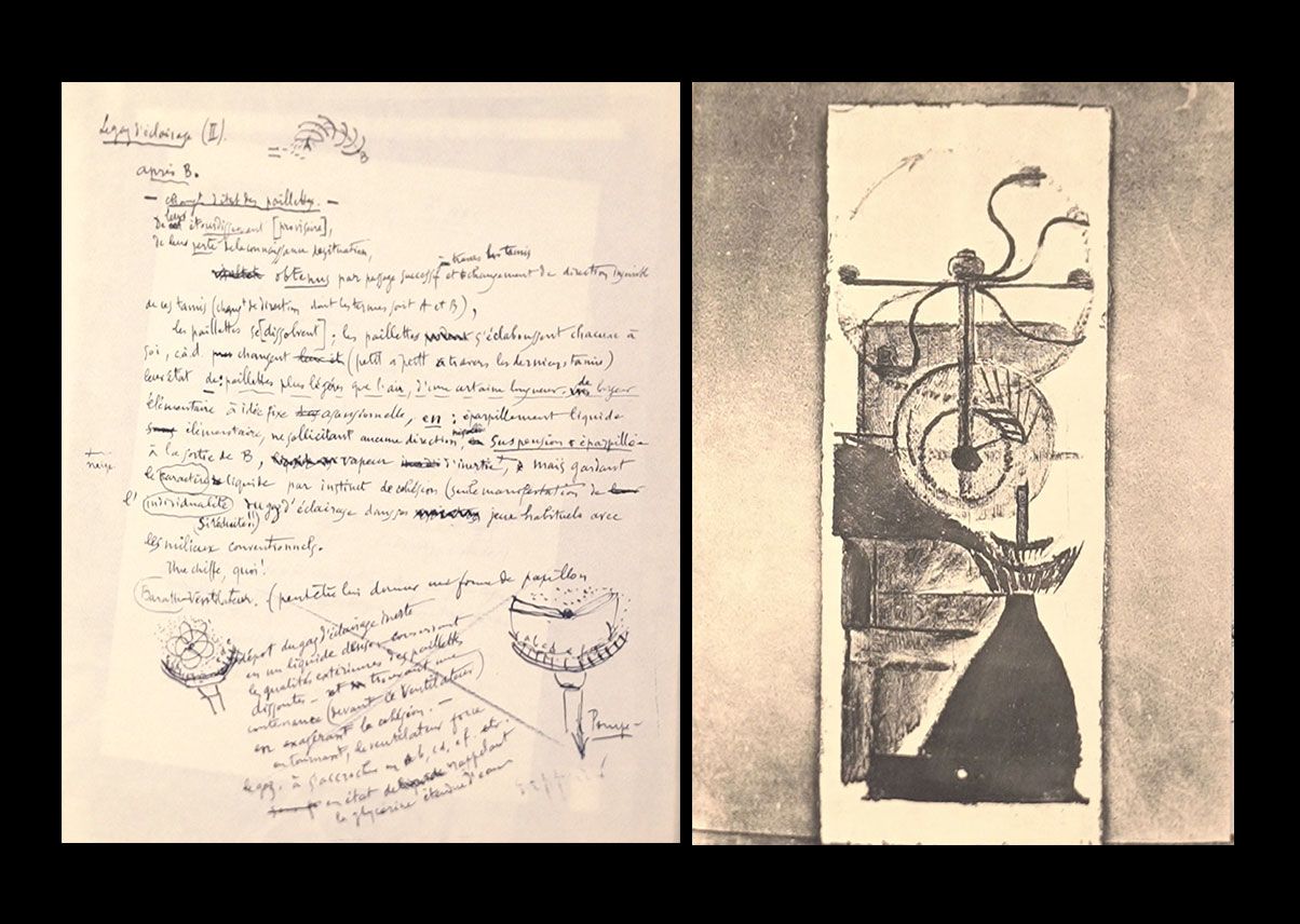 Two sheets of paper lie side by side: the left shows rough French handwriting with edits and small illustrations, while the right features an abstract, mechanical drawing loosely resembling a schematic of a coffee mill.