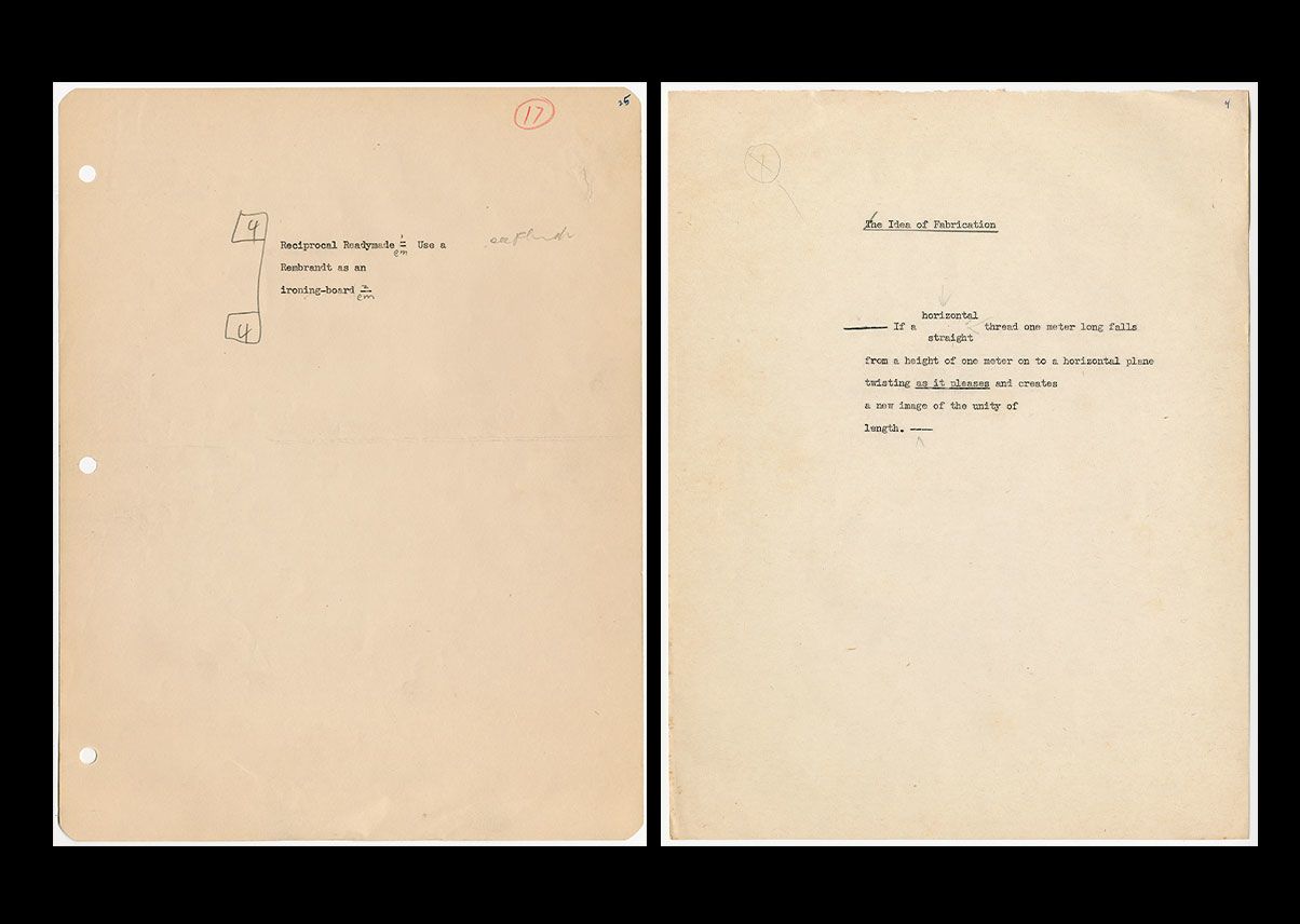 Two sheets of paper: the left reads, ‘Reciprocal Readymade = Use a Rembrandt as an ironing-board,’ with sketches of two ‘4s’ linked by a line. The right, titled ‘The idea of Fabrication,’ discusses a thread falling and twisting to create a new image of unity.