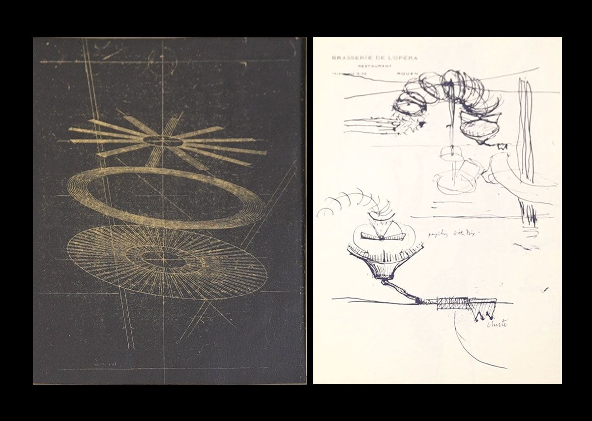 Two sheets: left, an abstract design with lens-like shapes resembling optical instruments; right, a rough sketch with loose lines and ‘Brasserie de l'Opéra Restaurant’ printed in the top corner.