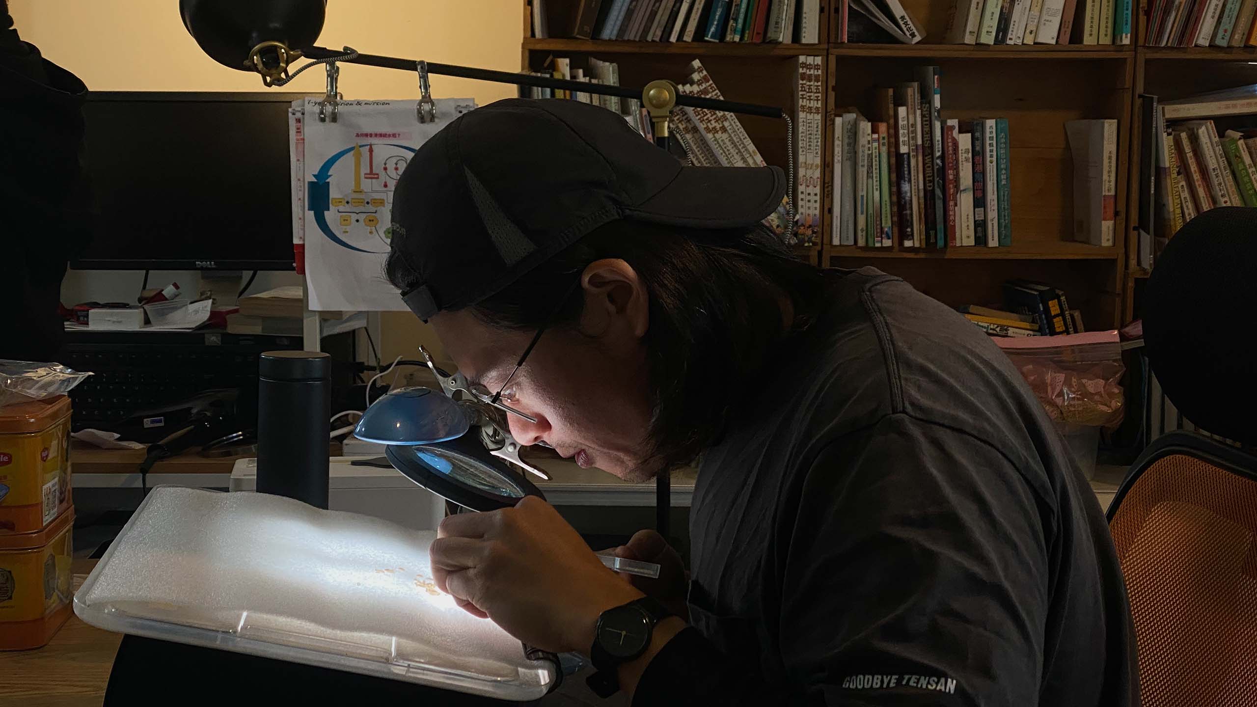 一个男人用显微镜观看稻米。