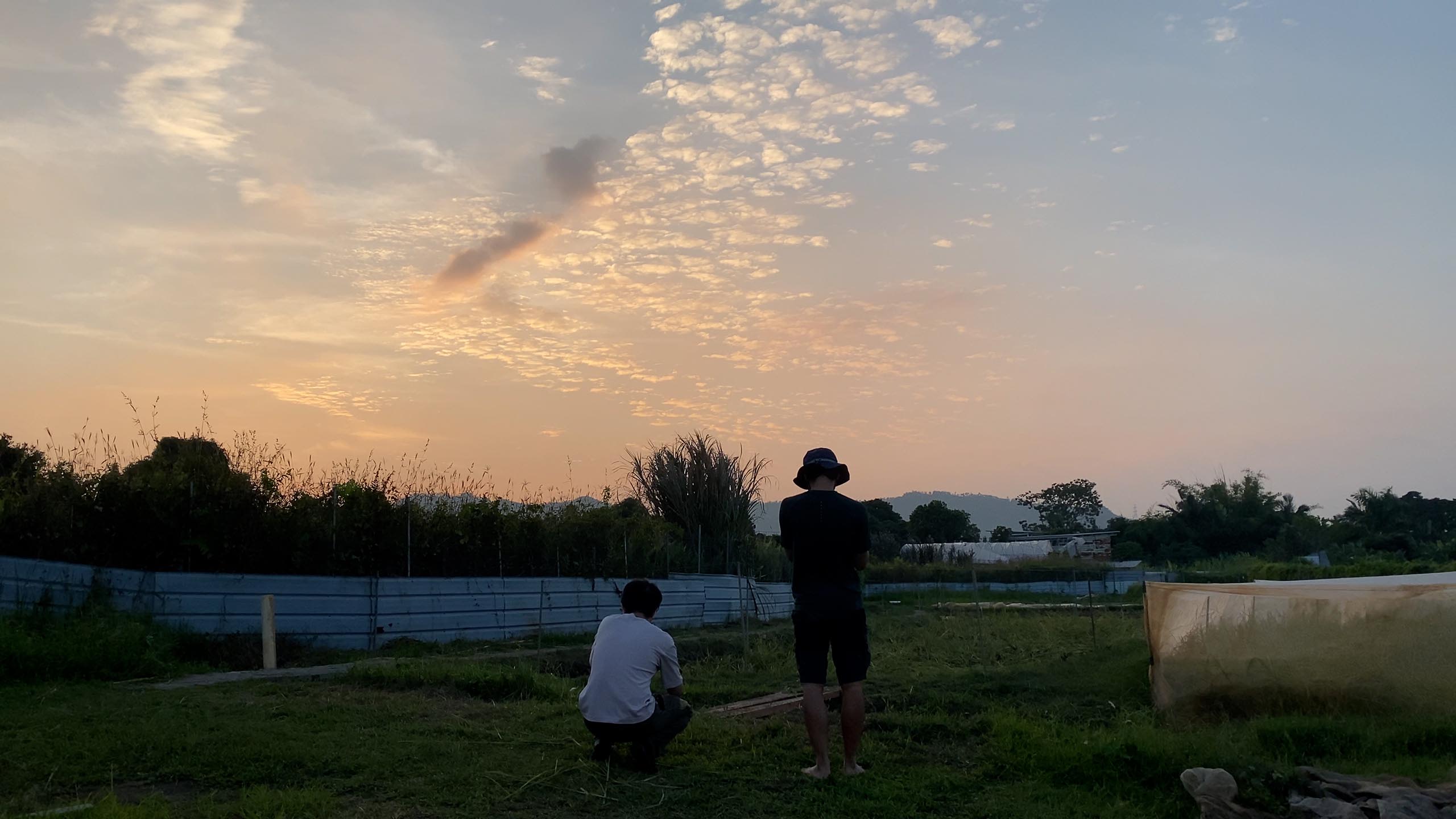 两个人站在昏暗的乡郊农田上，地平线上的天空呈橙红色调，薄薄的云飘在上空。