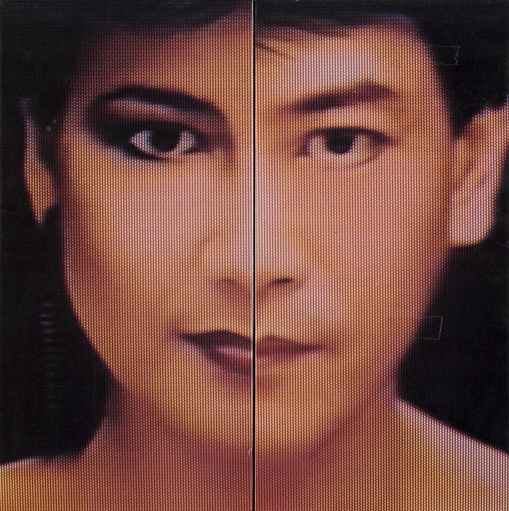Cover of the vinyl album Legend of the Condor Heroes, with a pixelated, full frontal portrait of a face split in two halves. The left side is Jenny Tseng’s face and the right side is Roman Tam’s face.