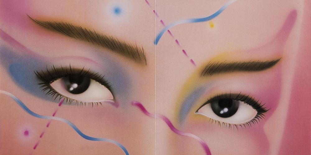 Interior of Anita Mui’s vinyl album Leap the Stage, with the brows and eyes of the singer in pink, blue, and yellow makeup across the two-page spread. Curvy and dotted blue and pink graphic elements accentuate the spread.
