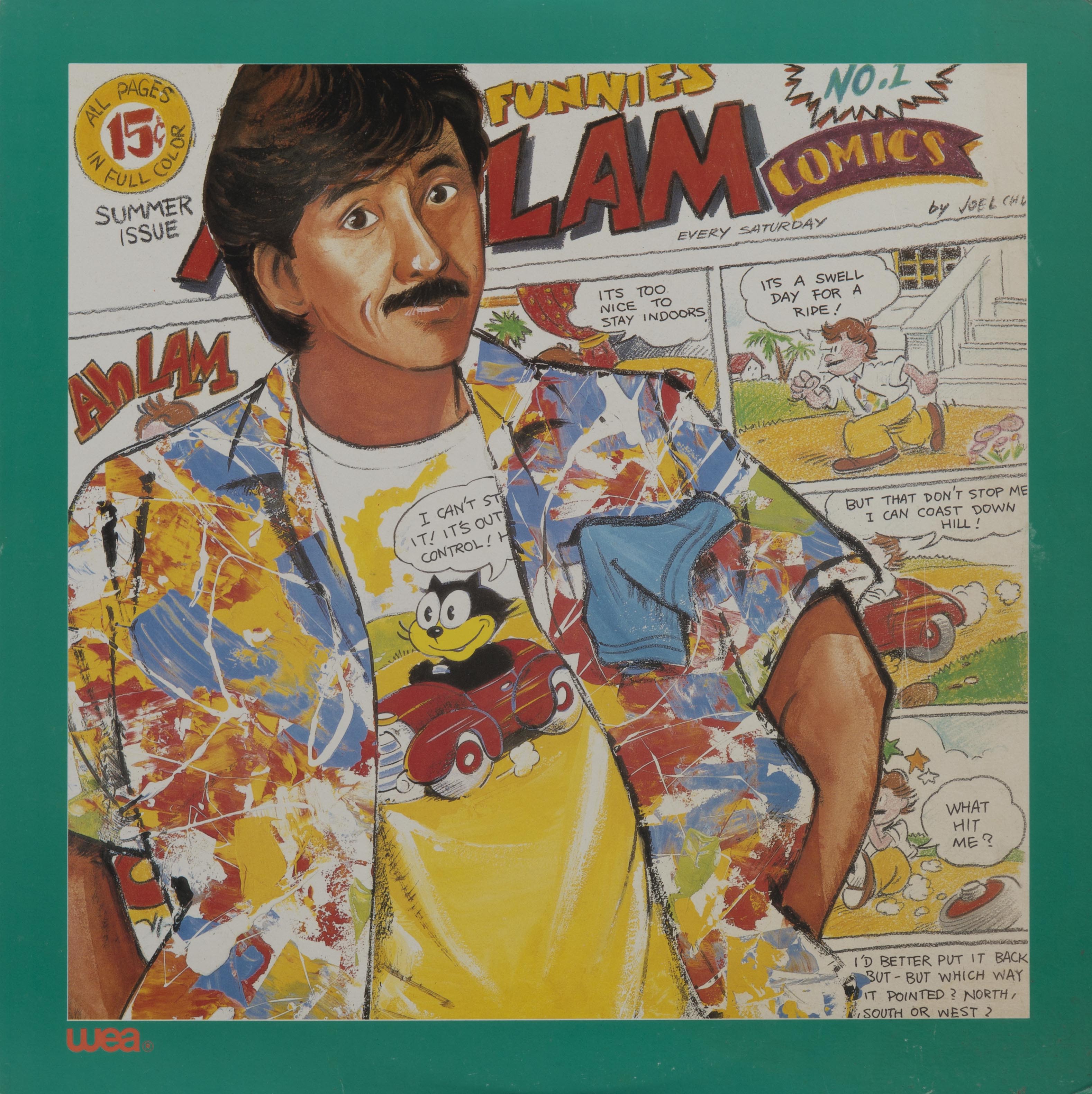 Illustrated cover of George Lam’s vinyl album 10 Minutes, 12 Inches. Standing centre left, the singer wears a t-shirt with Felix the Cat and a colourful short-sleeved buttoned shirt, hands in pockets. Behind him are comic strips.