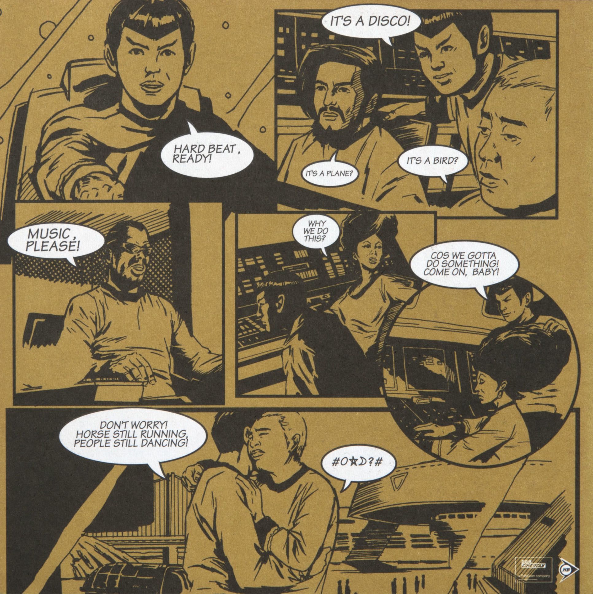 Back of a flyer accompanying Jan Lamb’s CD album Hard Beat. It features an English comic strip based on Star Trek. 