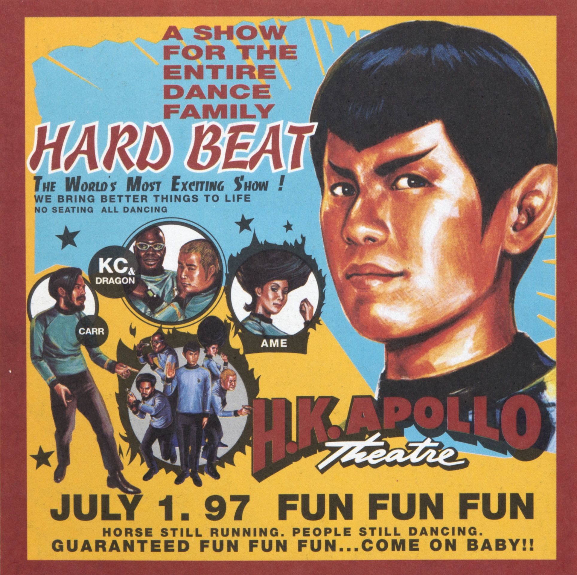 Front of a flyer accompanying Jan Lamb’s CD album Hard Beat. It promotes a fictitious concert being held on 1 July 1997. On the right is a portrait of the singer as Spock from Star Trek. On the bottom left are portraits of the band members as part of Starfleet. 