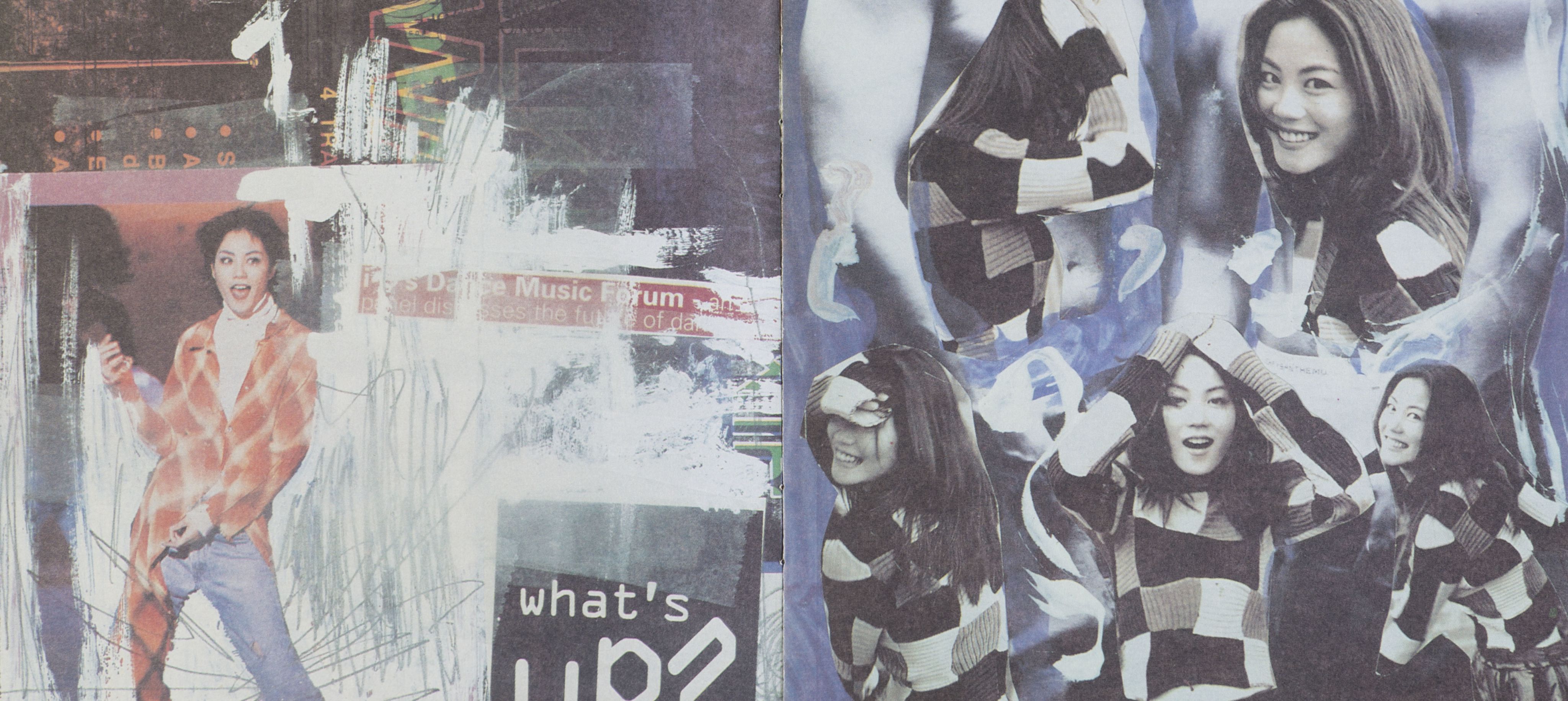 Page from the booklet in Faye Wong’s CD album Faye Best. It has different black-and-white, half-length photographs of the singer on a blue background. She wears a chequered sweater. On the upper half, two bare-chested male figures are behind two of her portraits.