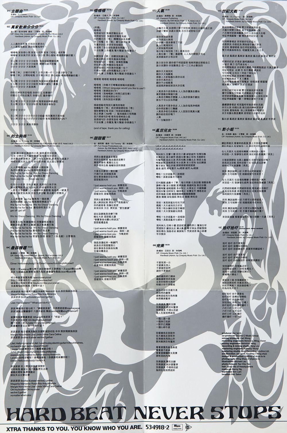 随林海峰镭射唱片《的士够格》所附送的海报背面，整张满布歌词。银灰色插画覆盖着背景，当中可见林海峰化身为《星际迷航》的角色史波克。