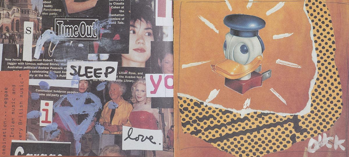 王菲《最菲》镭射唱片小册子内页。左页以王菲的大头照、杂志剪报、手写和印刷字的字条拼贴而成。右页同样为拼贴图，可见唐老鸭造型两脚插头的图片。