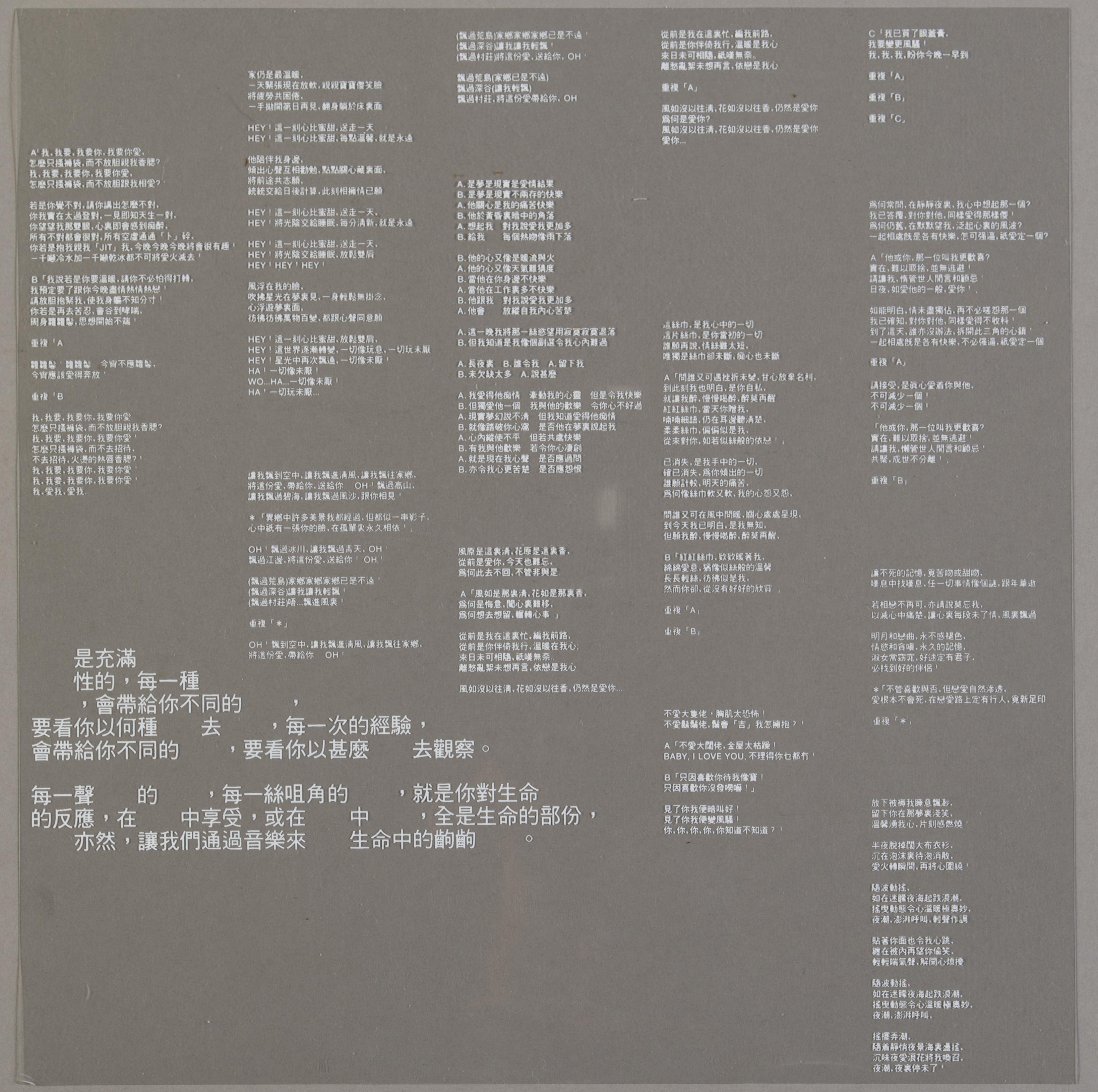 Transparent song-listing sheet for the back of an album cover.