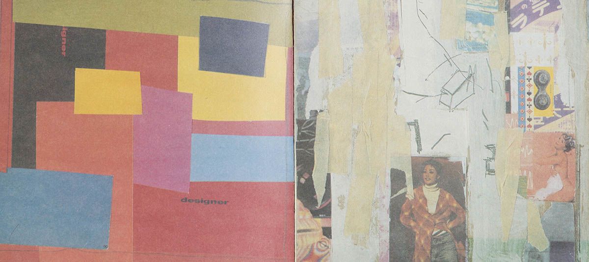 王菲《最菲》镭射唱片小册子跨页。左方可见红、橙、黄、蓝、粉红和黑色色块拼贴。右方则以不同图片拼贴而成，部分带有被撕裂过的纸胶带痕迹，中央下方有王菲的半身照。