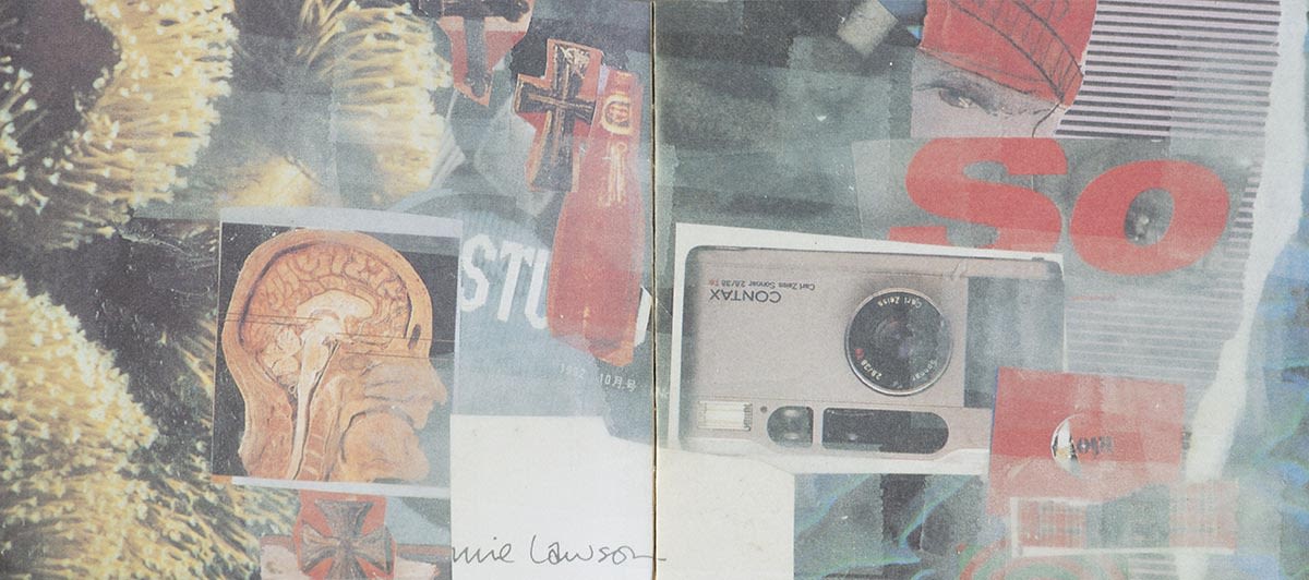 王菲《最菲》镭射唱片小册子内页，以不同图片拼贴而成。左方可见大脑结构图，右方则见一部Contax相机的图片。