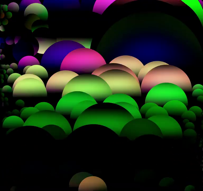 Most noticeable around the centre, circles rendered in bright colours and various sizes overlap with each other. 