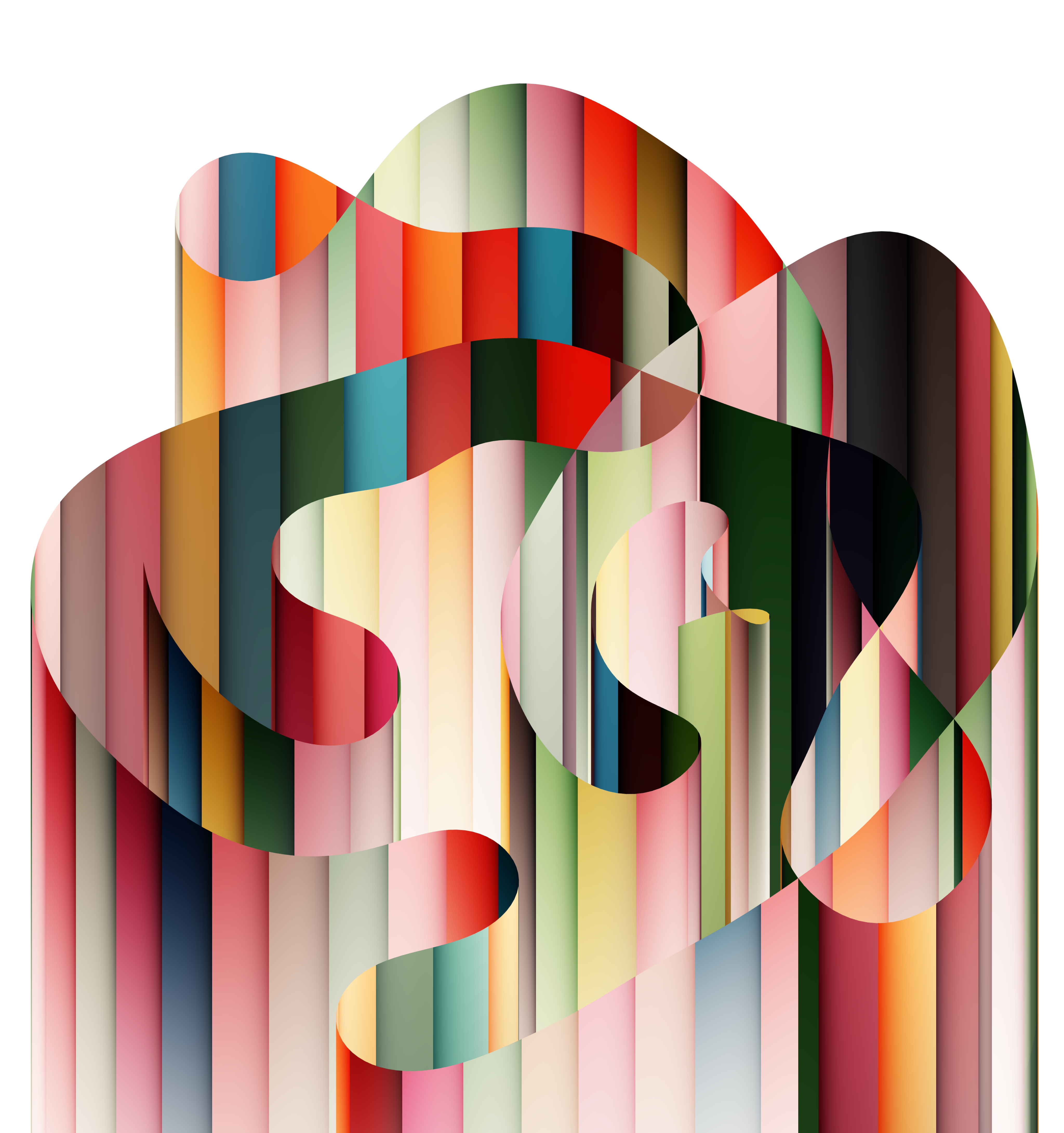 A colourful swirly shapes in strips comprise a maze-like form against a white background. 