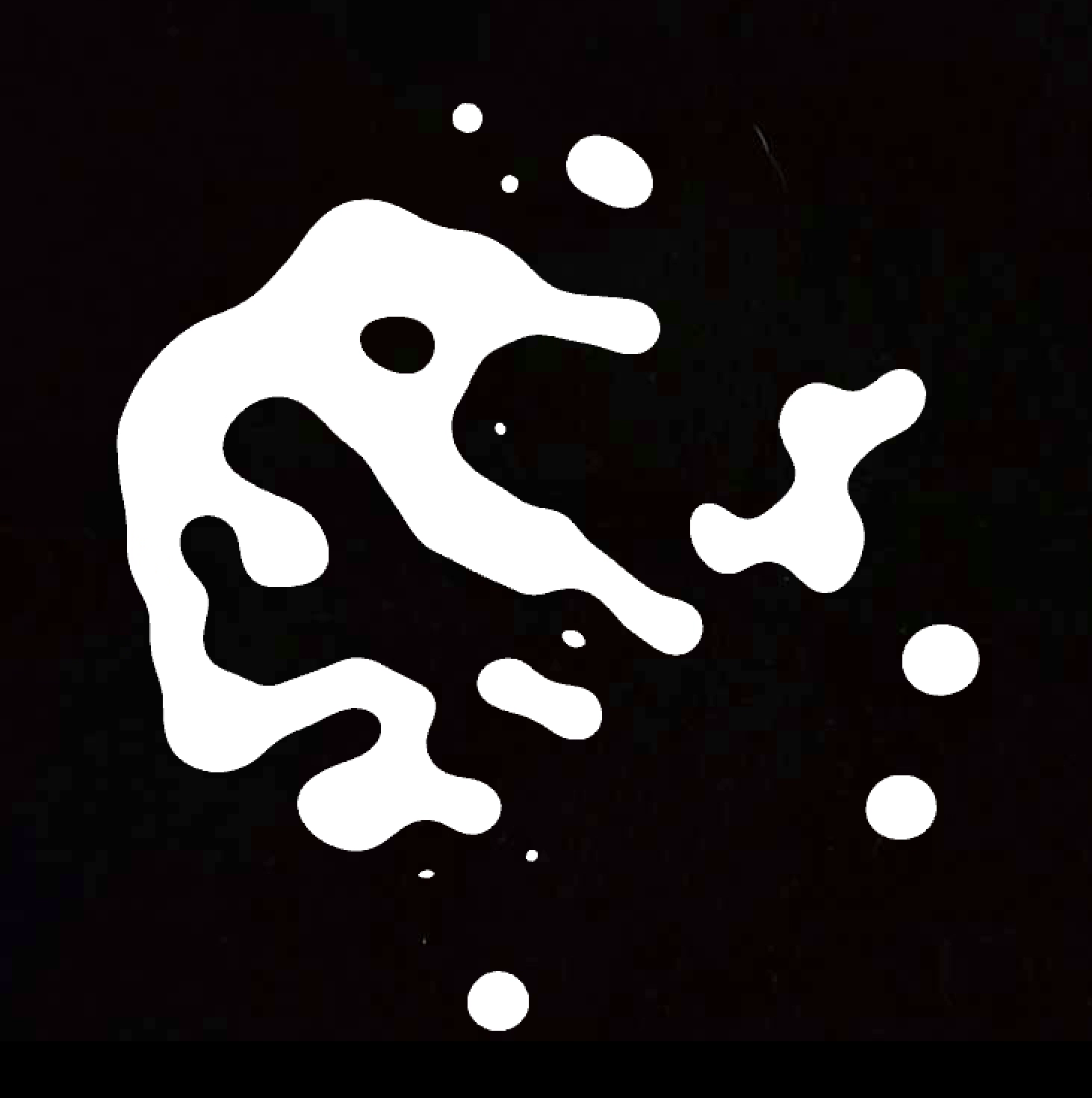 A splash-like blob form in white against a black background