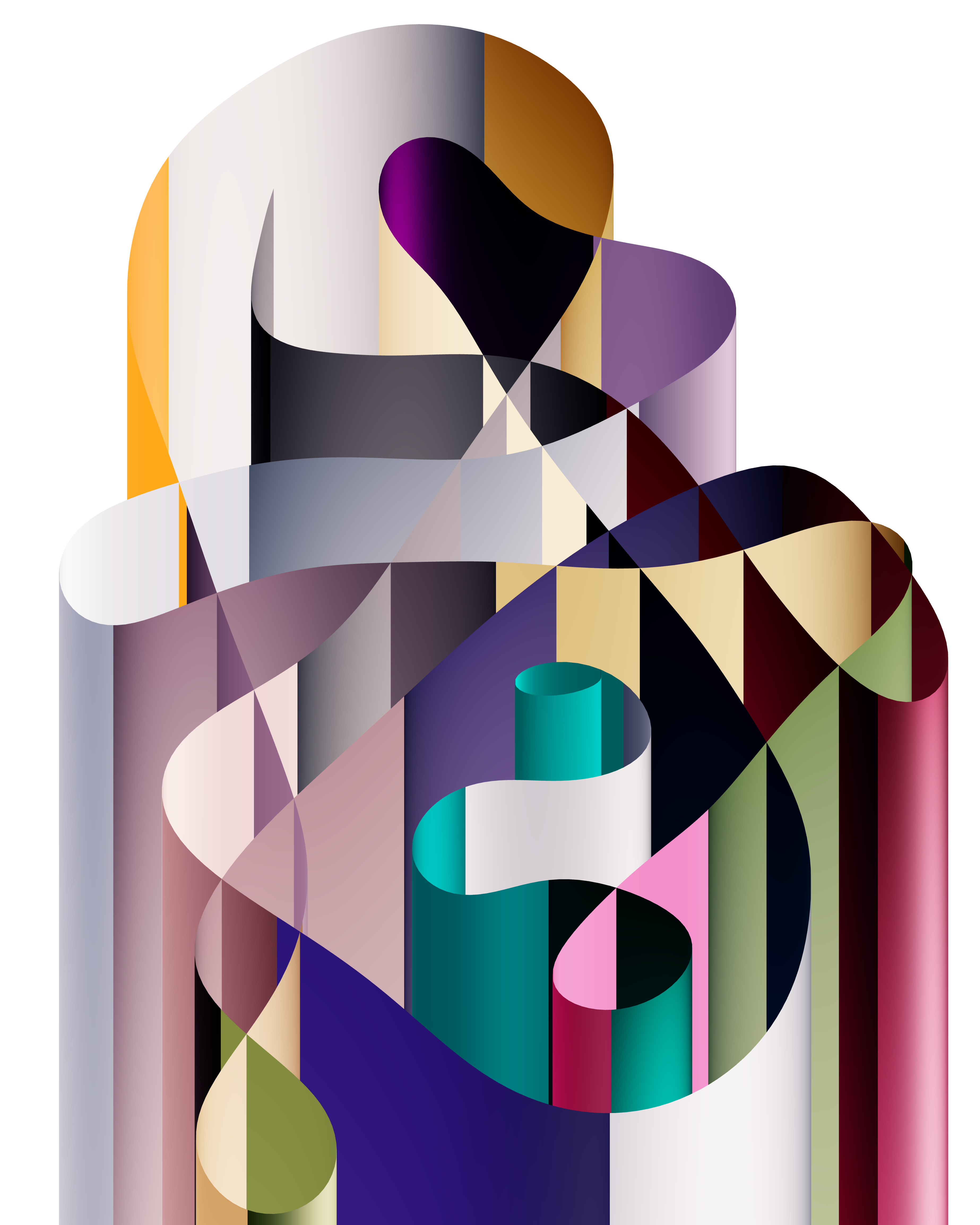 A colourful swirly shapes comprise a maze-like form against a white background. 