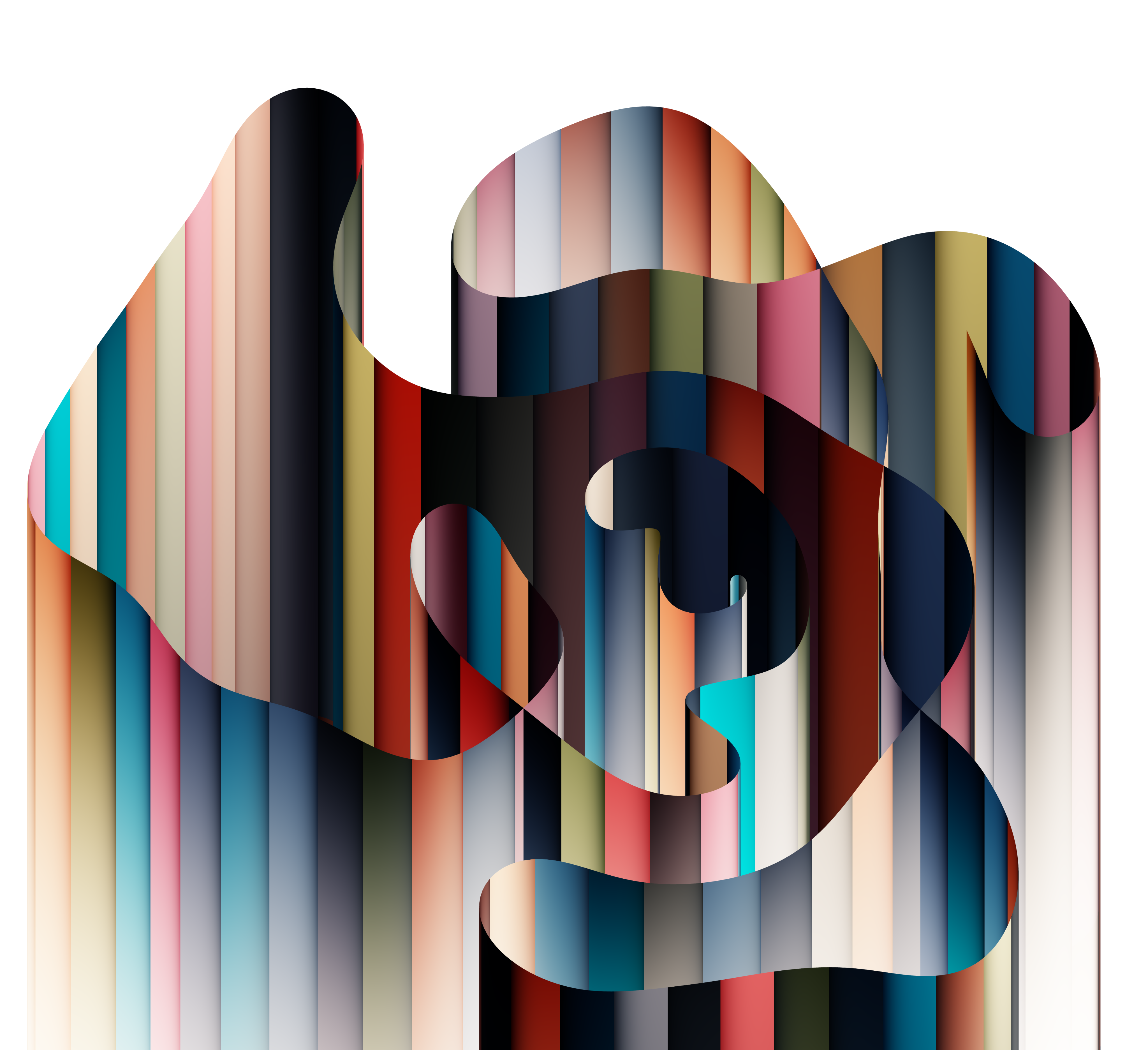 A colourful swirly shapes in strips comprise a maze-like form against a white background. 