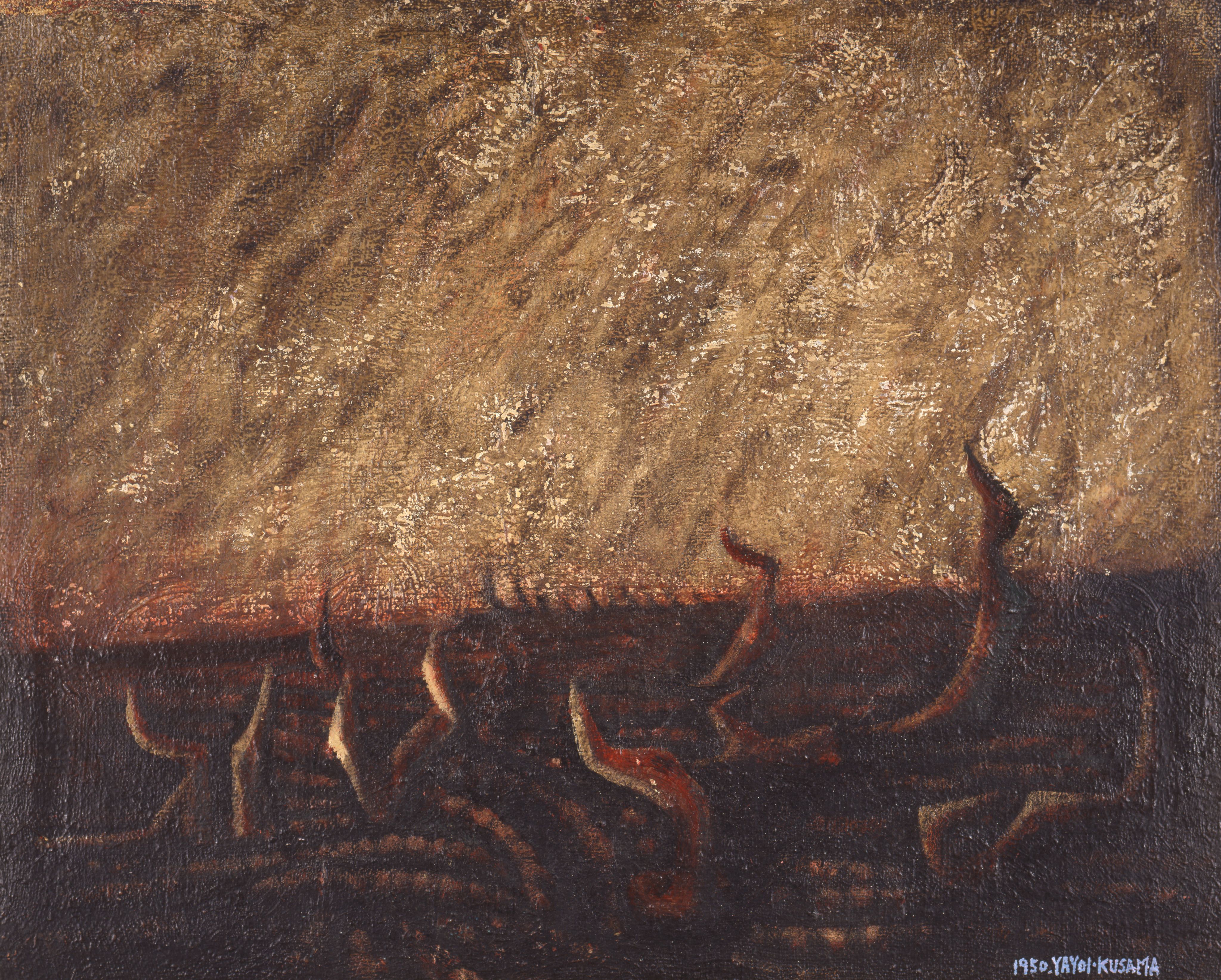 以油彩及瓷漆在种子麻布袋上绘画的画作，描绘一个由红色和黑色条纹组成的螺旋状，条纹于旋向一个中心点，当中有两棵光秃秃的树竖立于发光的背景前。画作右下角以蓝色油彩用英文写上小字「1950・草间弥生」。