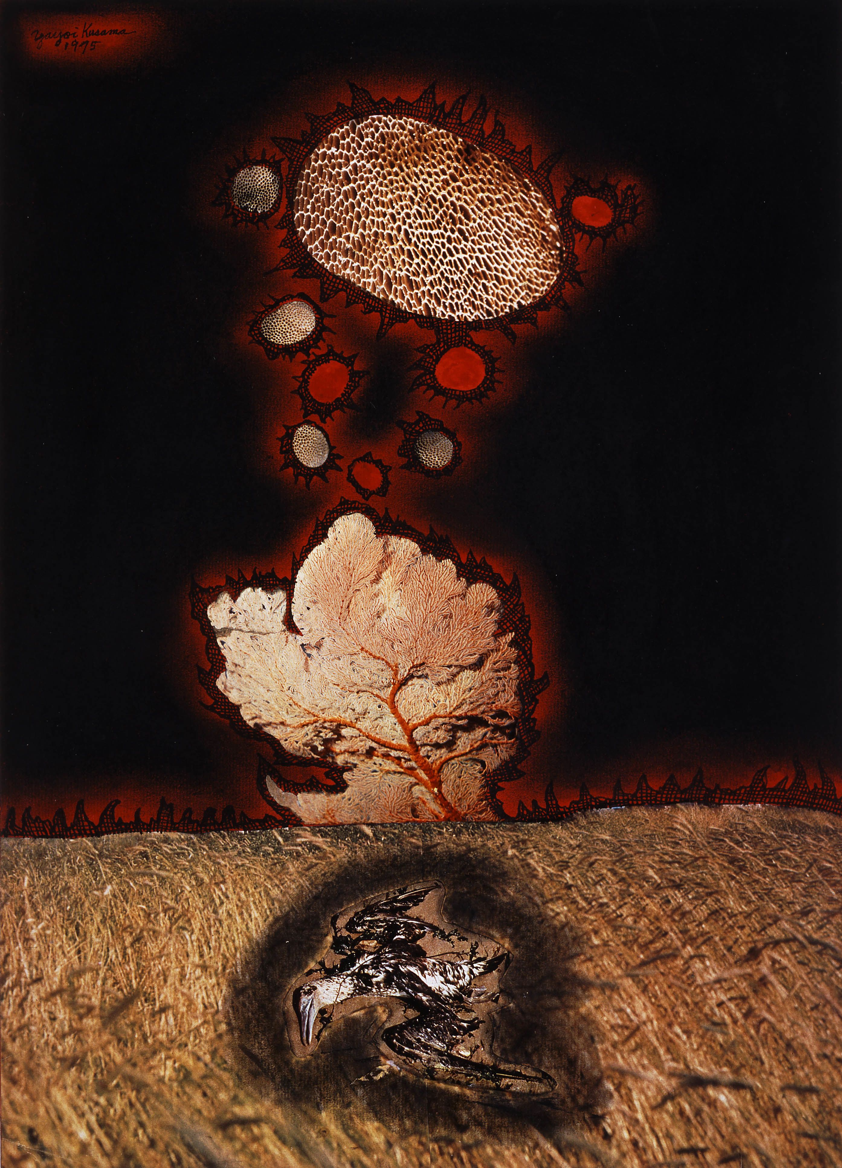 墨水及粉彩纸本拼贴作品呈现一片风景，当中大致可以分为两个部分。前景中有一只鸟展翅躺在粗糙的地面上，而在占据画面三分之二的背景中，地平线上长出一棵树，并向上冒出气泡般的圆润形状，每个都被带有格栅纹理的黑色放射形态围绕。在黑暗的背景衬托下，这些元素被诡异的红色光芒映照着。艺术家的签名和年份「1995年」写在作品左上角一片红色光晕内。