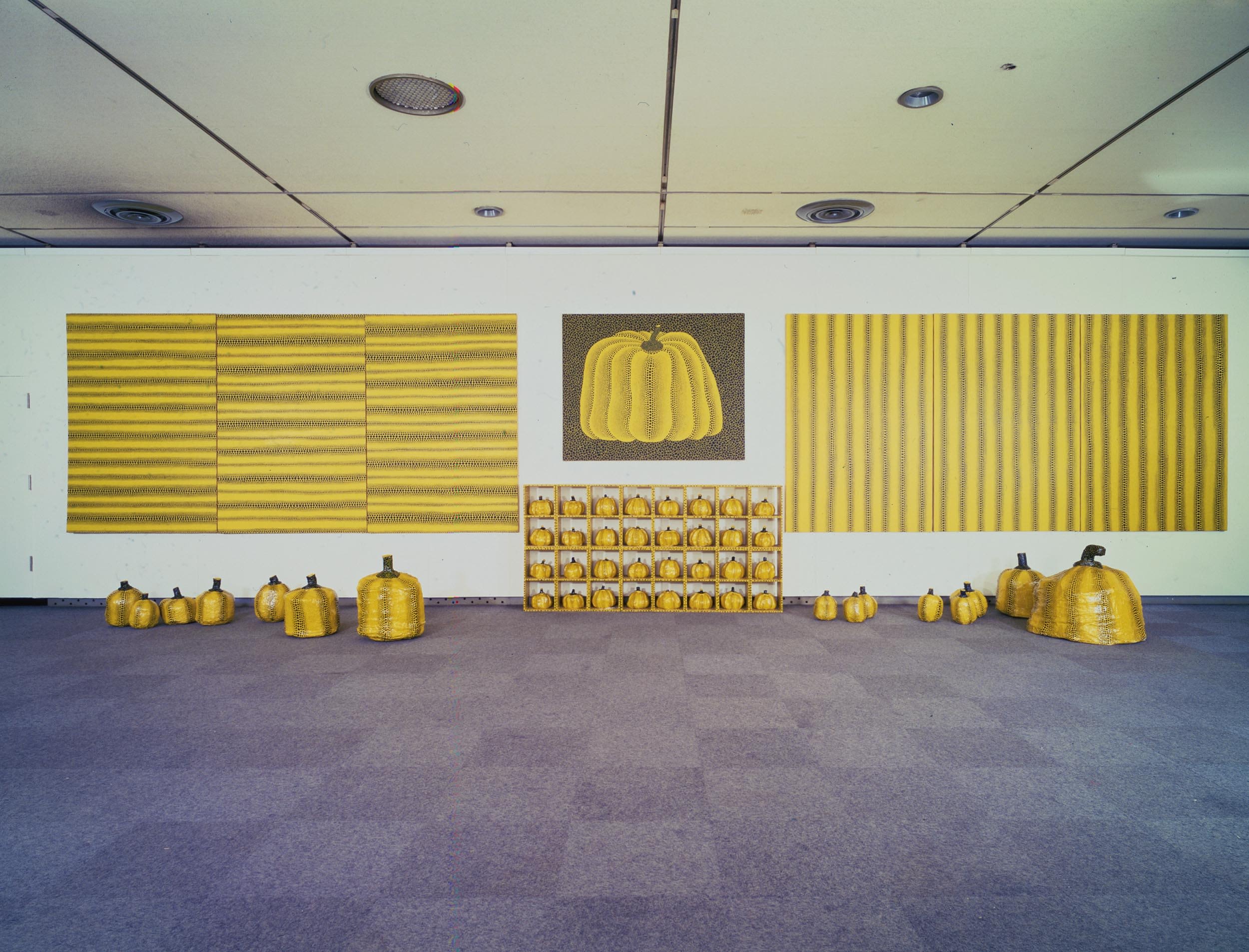 装置由雕塑和画作组成，其布局大致上对称。一个设有三十二个方格的横向架子背靠白色墙壁，每格放置了一个满布黑色斑点的黄色南瓜雕塑。架子上方的画作描绘一个满布黑点的黄色南瓜。这幅画的左侧挂着由三幅垂直面板组成的三联画，画中以黄色为背景，重复绘上黑色横纹，而南瓜画的右侧则是一组类似的三联画，画中重复绘上垂直条纹。几个大小不一、形状各异的黄色南瓜雕塑散落在架子的两侧。