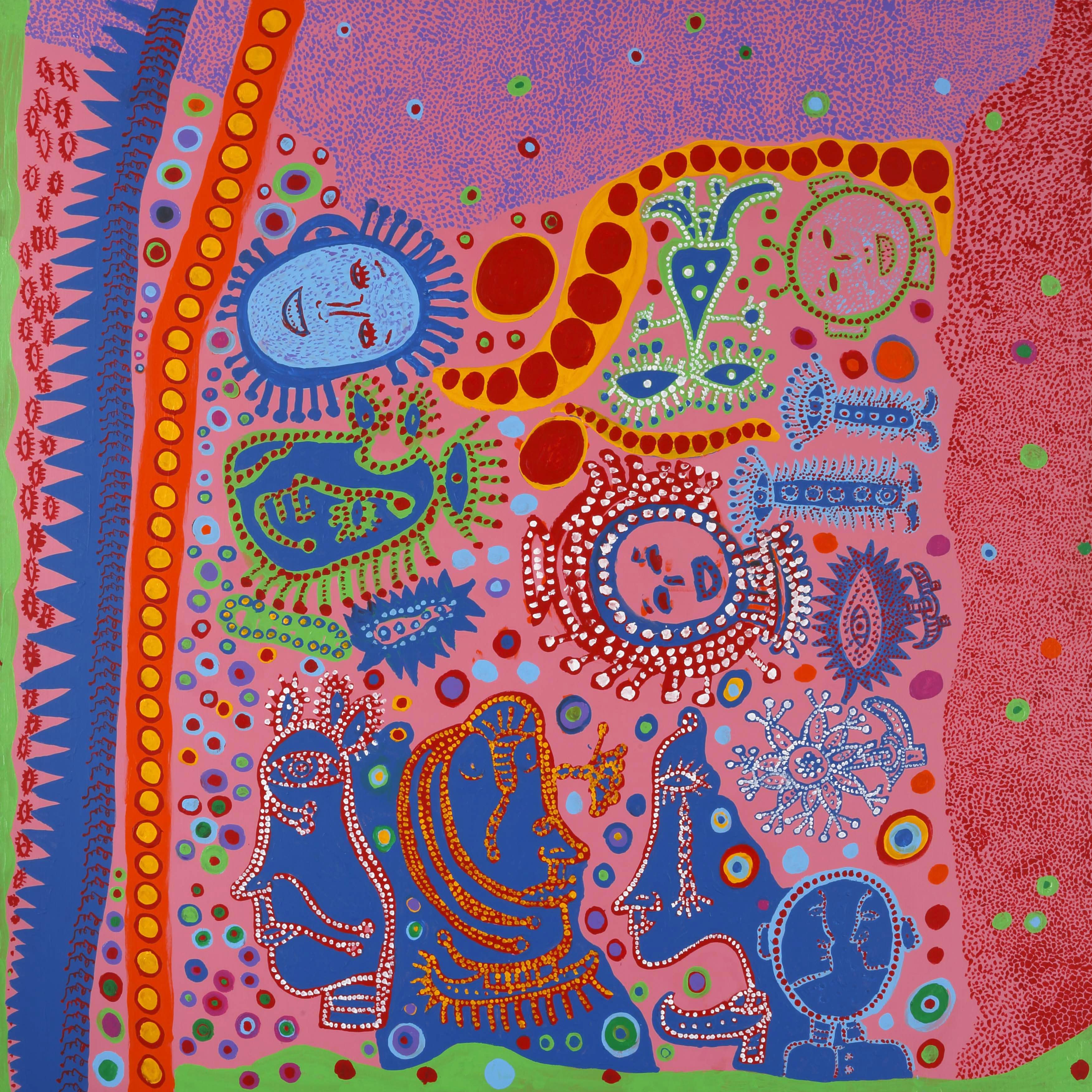 塑胶彩布本画作的背景以粉红色为主，当中绘上几张笑脸、眼睛图案和几张侧脸。同心圆散落在画中各处。画面顶部，则可见一连串涂鸦般的长睫毛眼睛飘浮在长出尖刺的蓝色长条子上方。