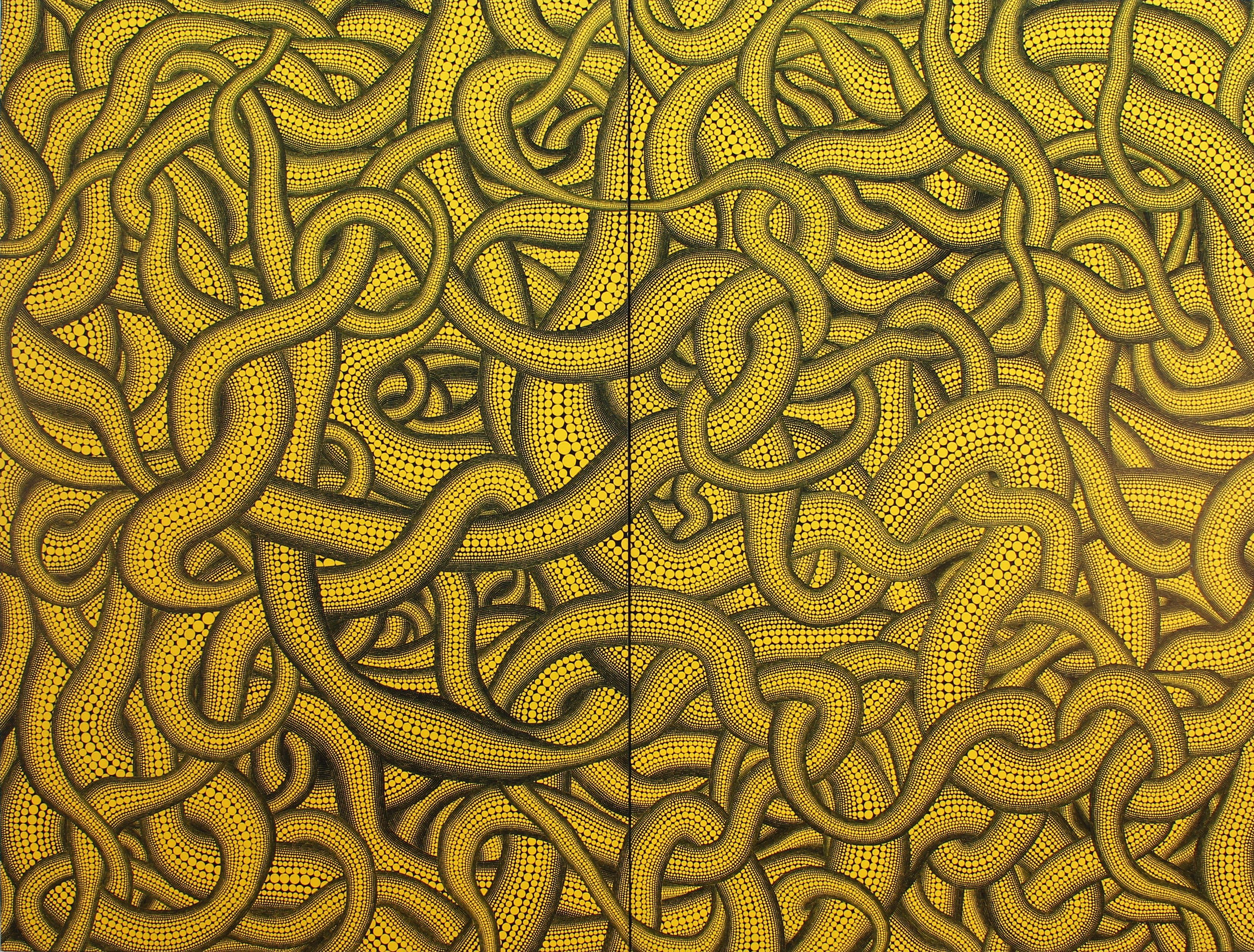 塑胶彩布本画作上满布一大堆互相纠缠的触角形物体，其表面密麻麻地覆盖着黄色圆点。