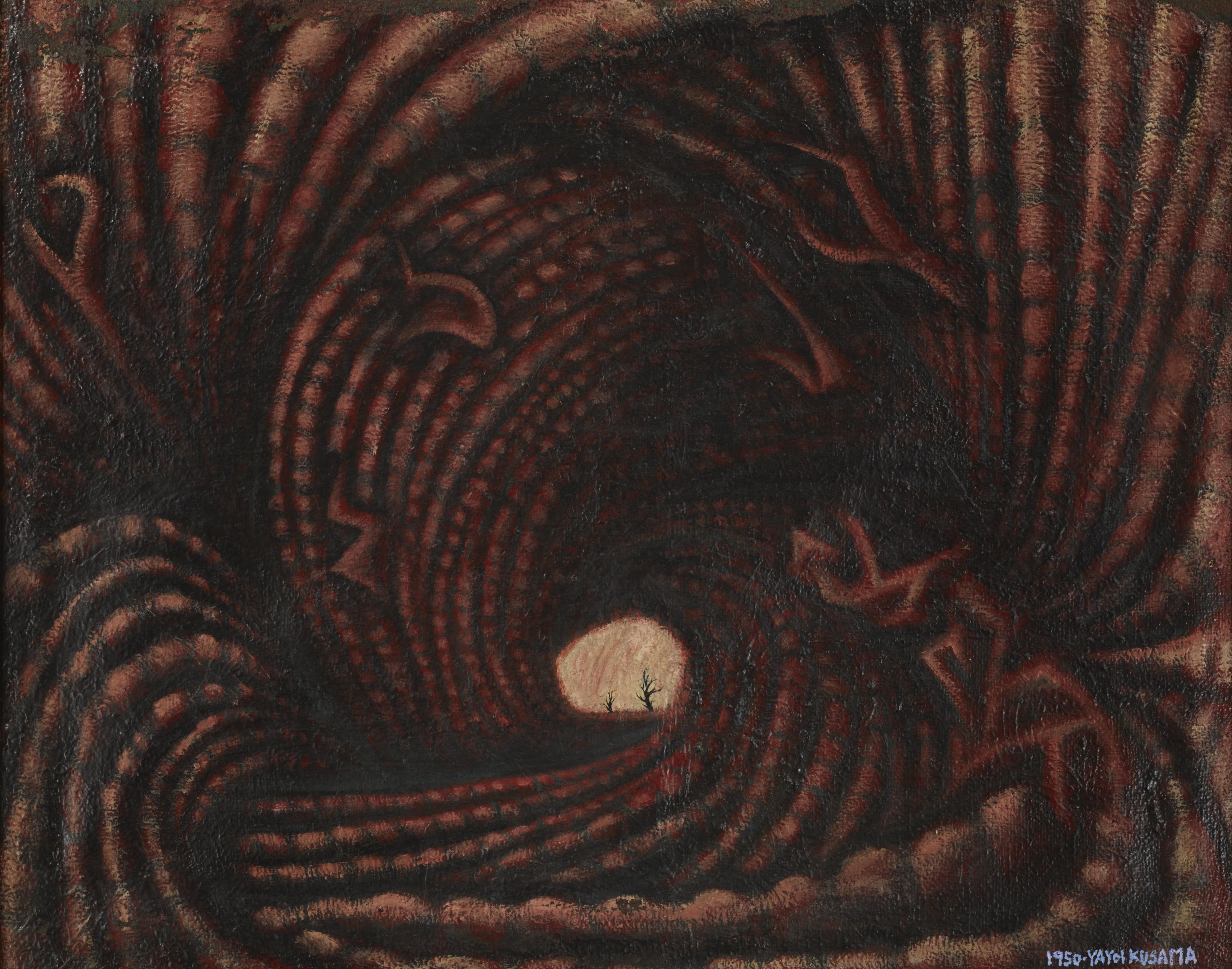 以油彩及瓷漆在种子麻布袋上绘画的画作，描绘一个由红色和黑色条纹组成的螺旋状，条纹于旋向一个中心点，当中有两棵光秃秃的树竖立于发光的背景前。画作右下角以蓝色油彩用英文写上小字「1950・草间弥生」。