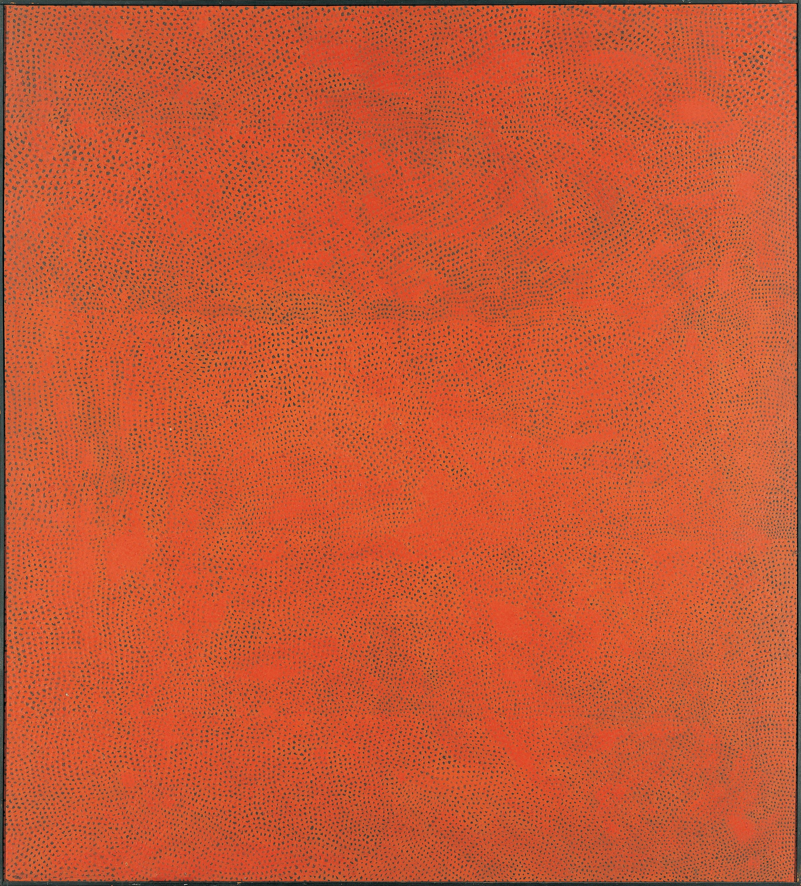 油彩布本画作中，鲜艳的红色漩涡状线条组成一幅细密的网，充斥整个画面。浓密的笔触之间可以窥见一片片细小而呈圆弧形的黑色油彩。画作被黑色框围住。