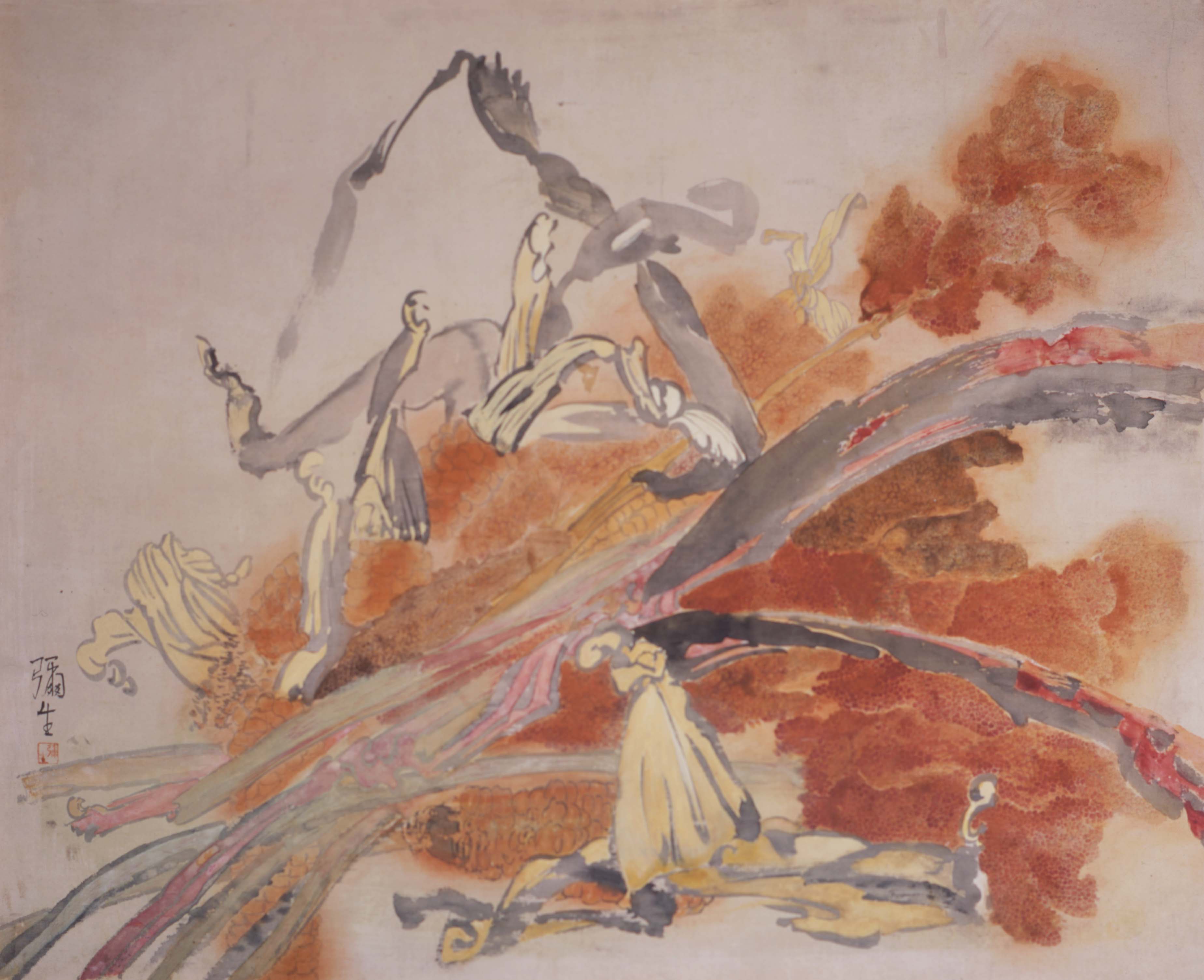 岩彩绢本画作中，农作物呈对角线放置在一支开满锈橙色花朵的枝条 上。作品左下方可见艺术家的签名和印章。