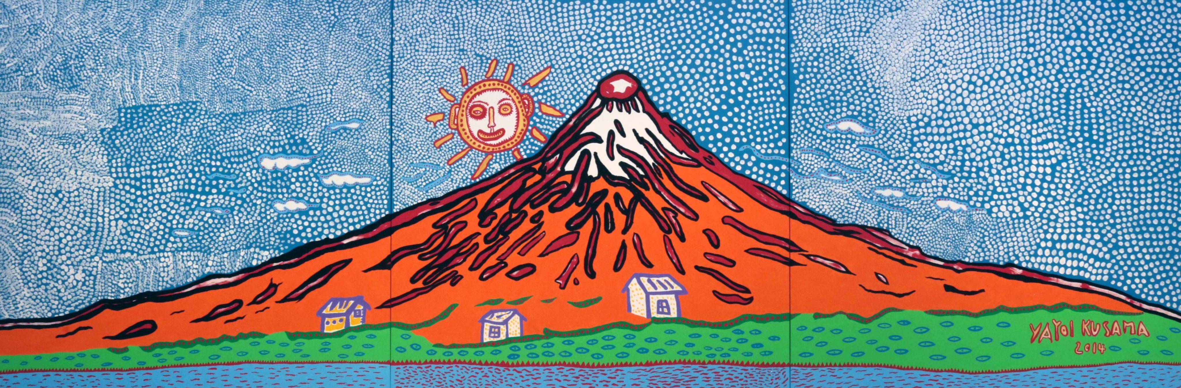 塑胶彩布本三联画的中间描绘了一座峰顶积雪的橙色富士山，山脚下有几间房子。一个微笑的太阳位于山顶的左侧，画风充满童趣。背景中的蓝天满布密密麻麻的白点。